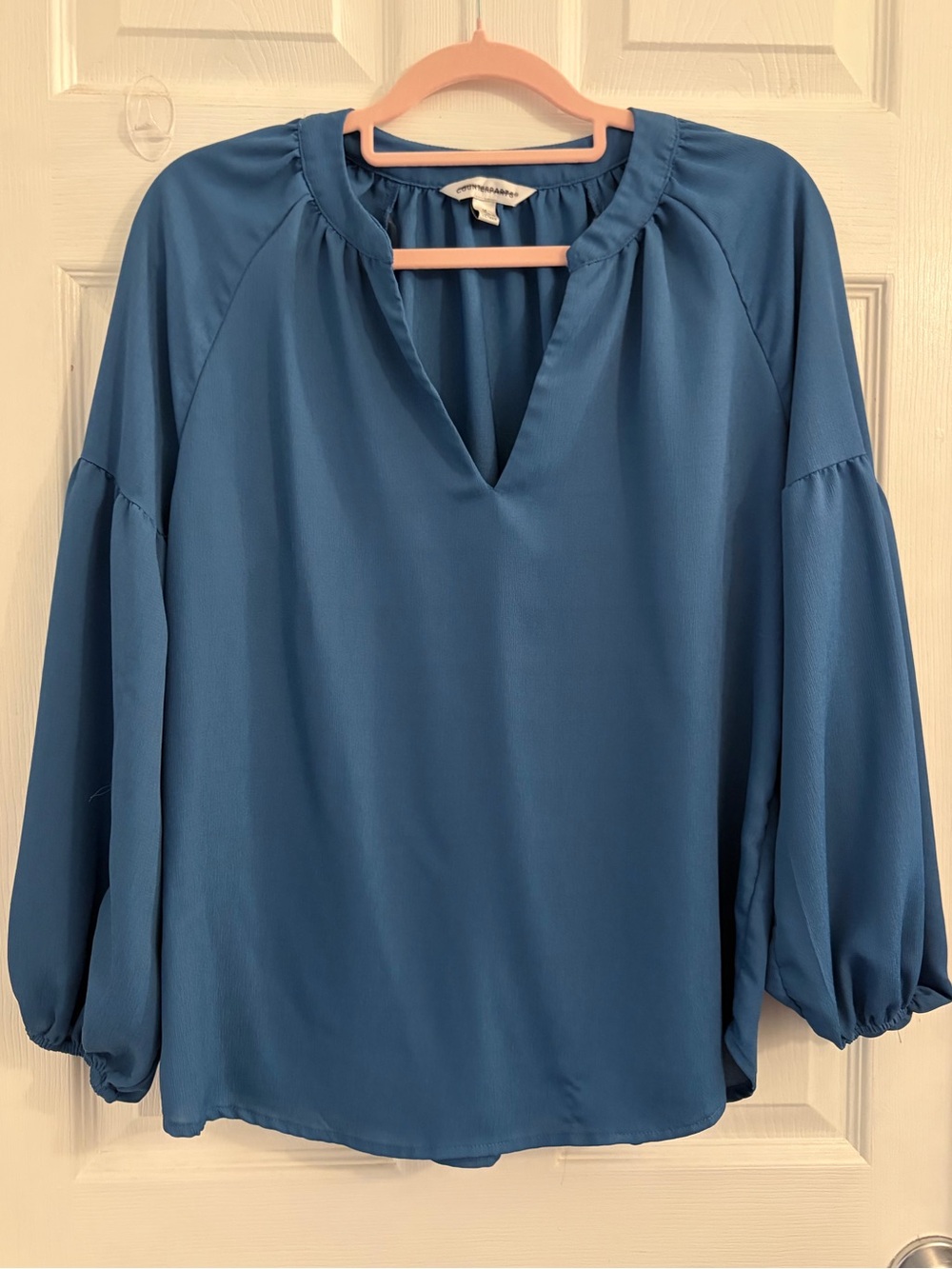 Counterparts Teal-Blue Split V-Neck Balloon Sleeve Blouse. Size medium.